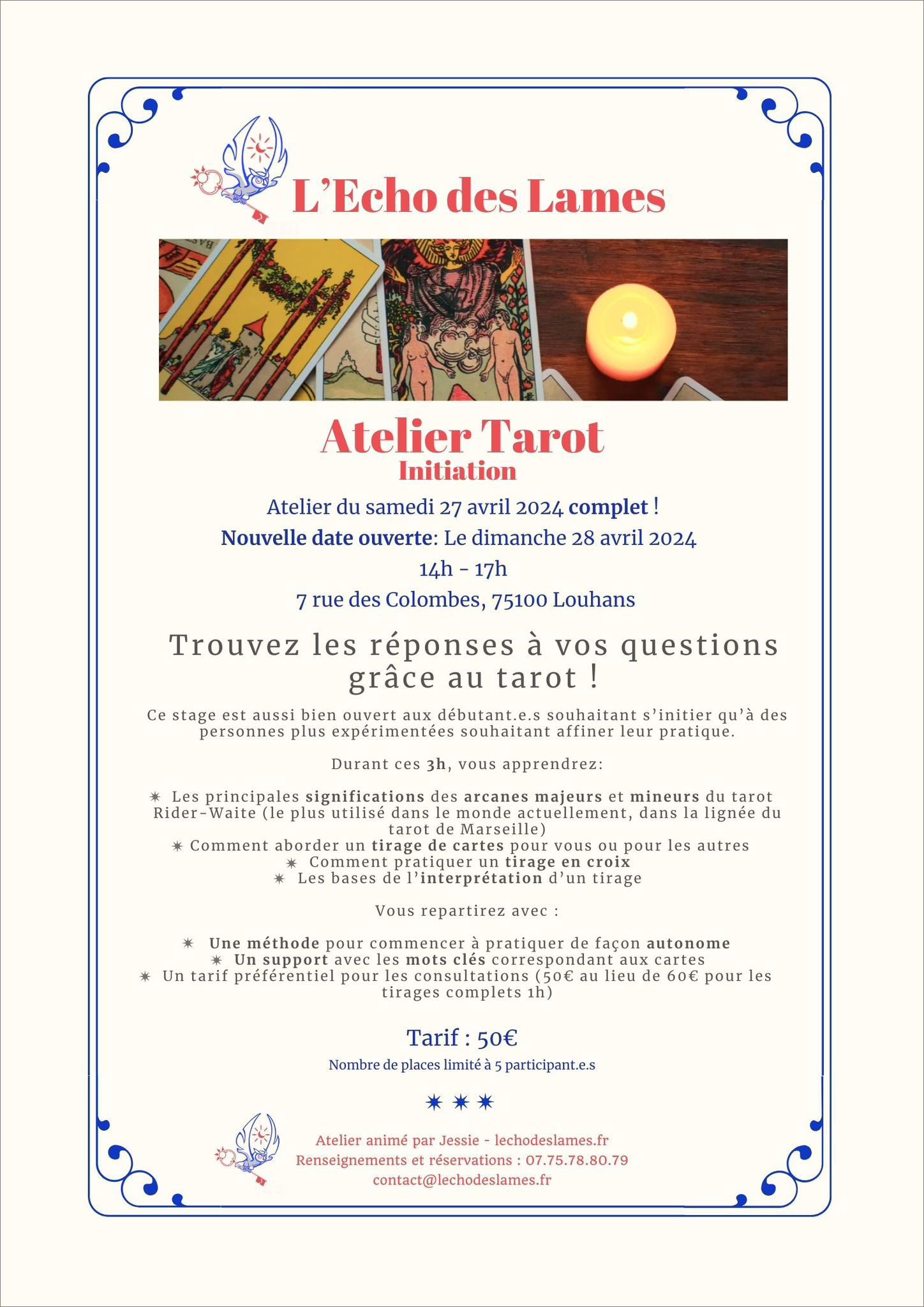 Affiche Atelier Tarot Initiation à Louhans le 30 avril 2024 de 14h à 17h